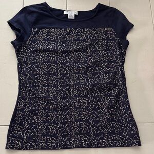Liz Claiborne Navy and Gold Sequin Short Sleeve Top